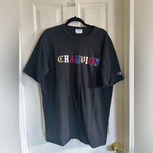 Vintage Champion Spellout T-Shirt Men’s XL Black Multicolor Logo 90s Y2K